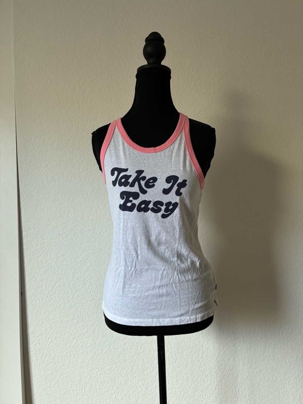 Vans Pink & White Ringer “Take It Easy” Print Racer Back Tank Everyday Summer
